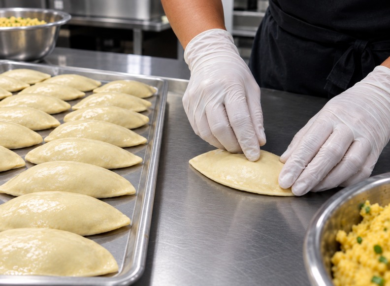 Hands shaping corn dough for handmade Colombian empanadas in Nassau, Bahamas